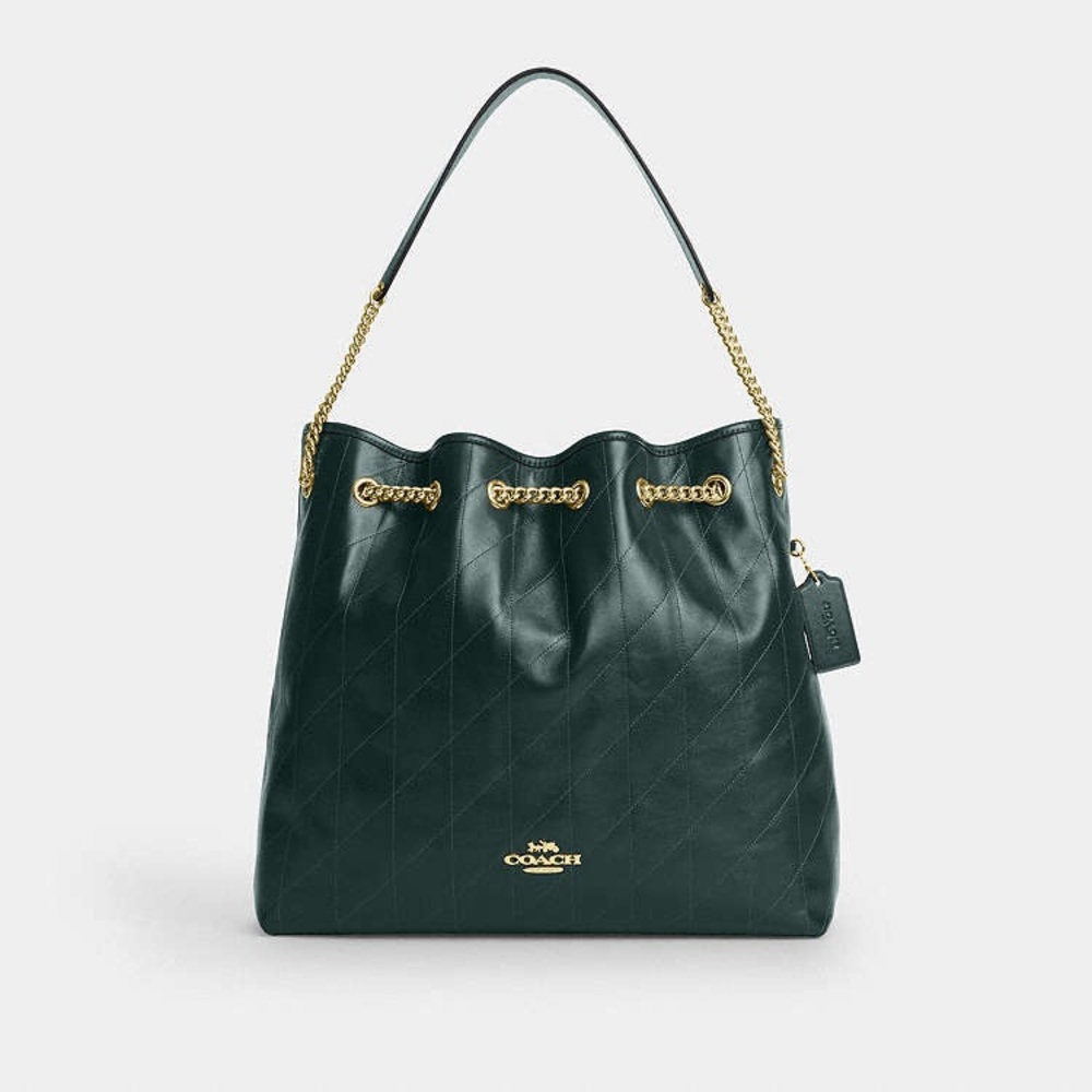 NWT Coach Evelyn Large Dark Green Quilted Leather Shoulder Bag